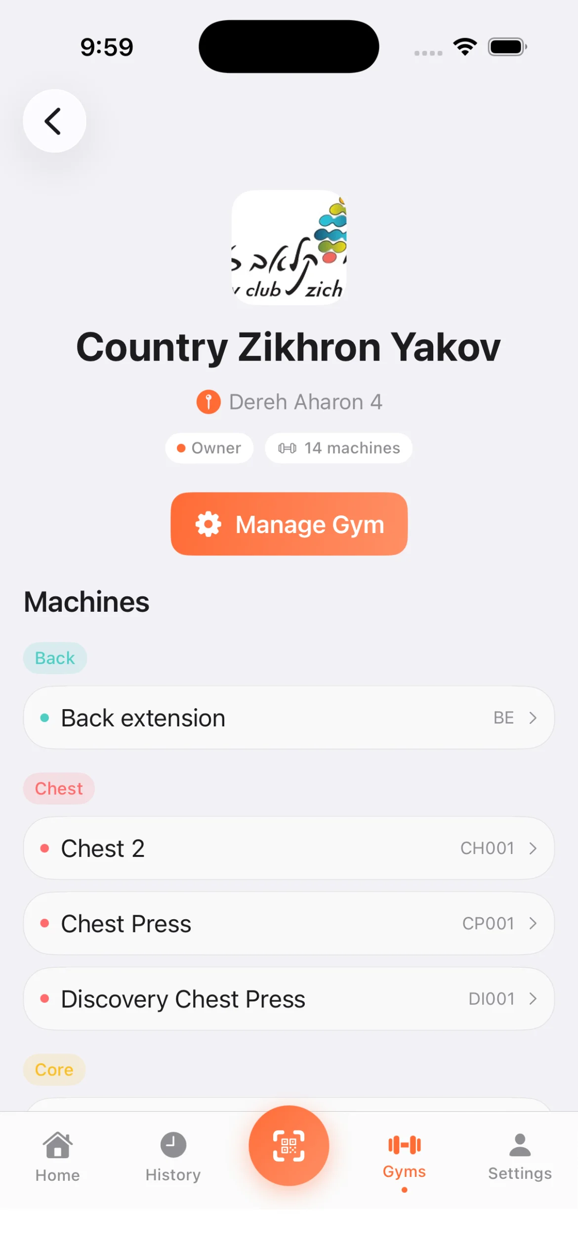 Gym Details Gym detail view showing gym logo, address, owner badge, manage gym button, and list of machines organized by muscle group