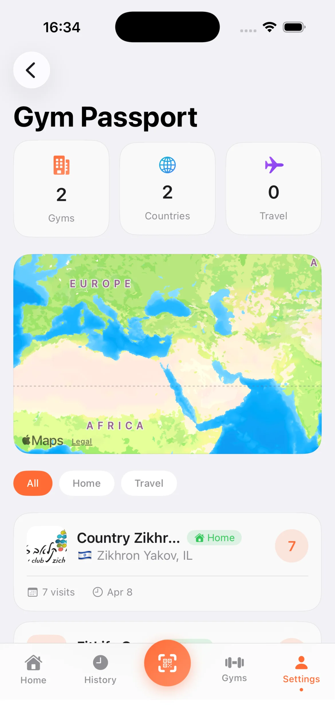 Gym Passport Travel Log Gym passport showing visited gyms on a world map, stats for total gyms, countries, and travel workouts, with gym cards showing visit count