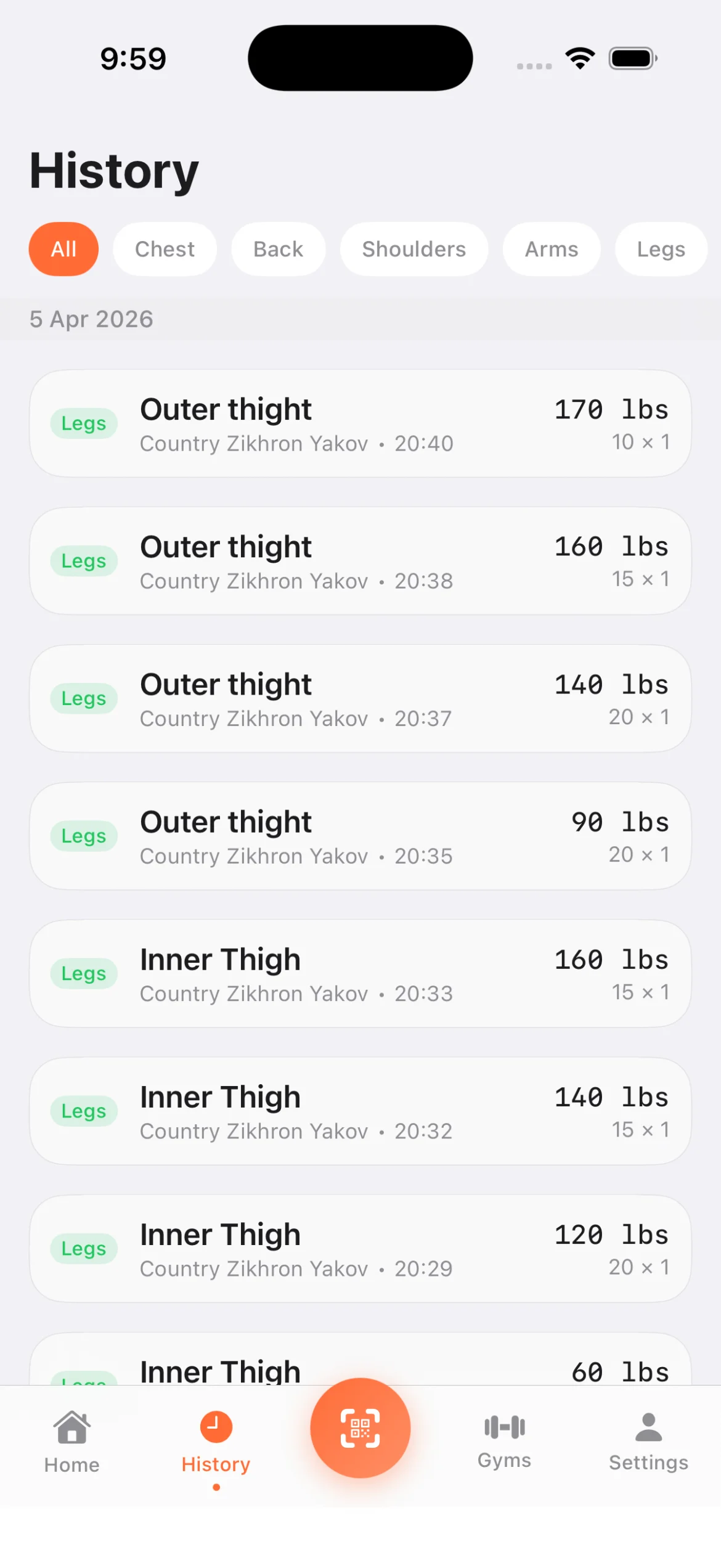 Workout History Workout history with muscle group filters and logged sets