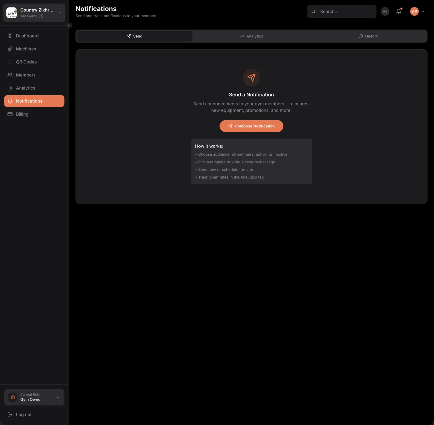 Re-engagement notifications Liftd notifications page for sending re-engagement messages to quiet members