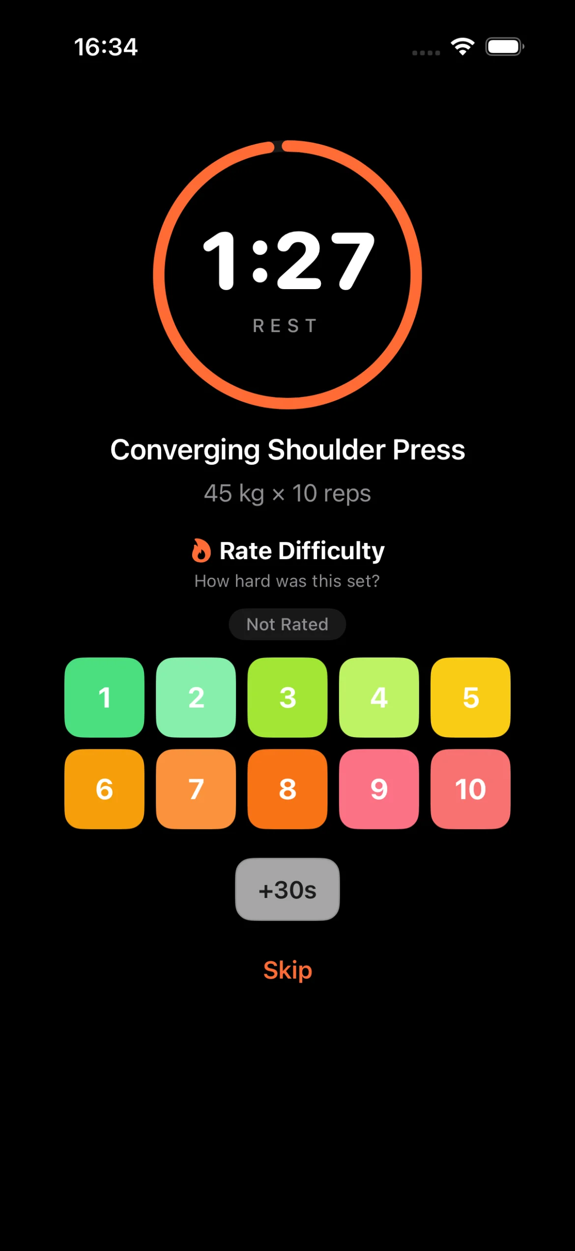 Rest Timer with RPE Rating Rest timer countdown between sets with RPE difficulty rating grid from 1 to 10, plus 30 seconds and skip buttons