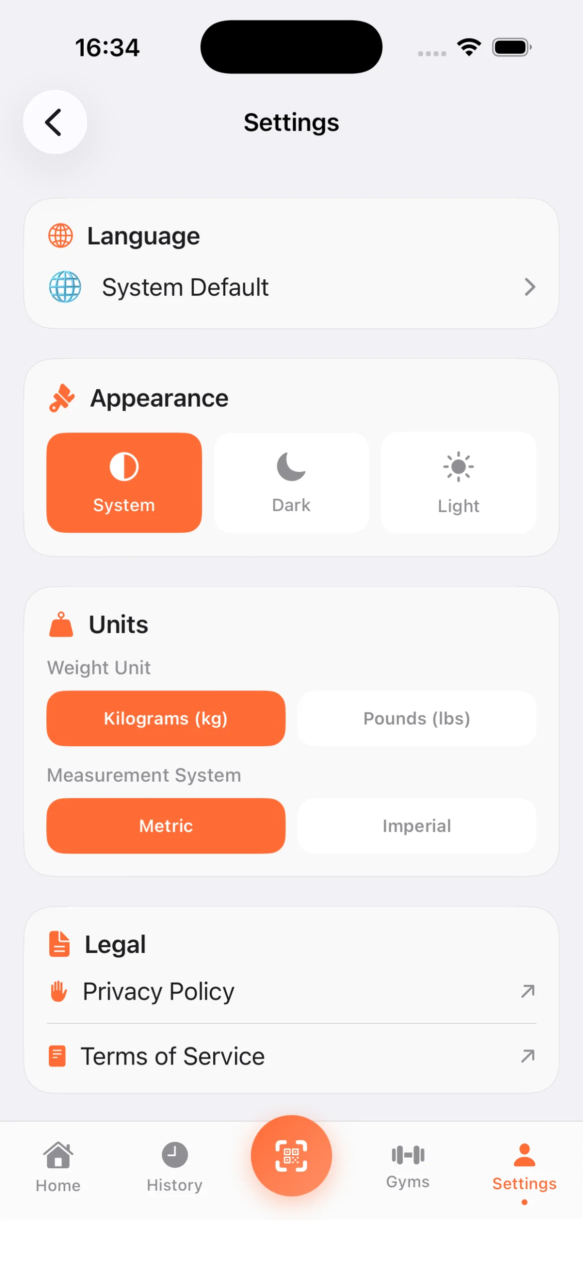 App Settings Settings screen with language selector, appearance theme toggle, weight unit and measurement system preferences, and legal links for privacy policy and terms of service