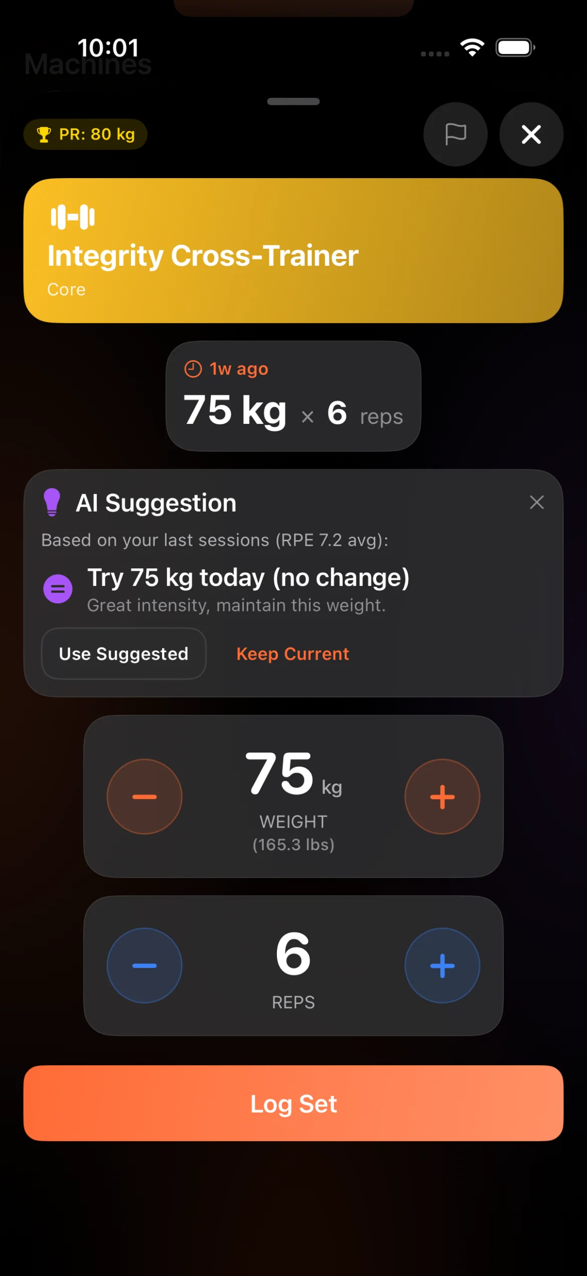 Log a Workout Dark mode workout logging with AI suggestion and RPE-based weight recommendation