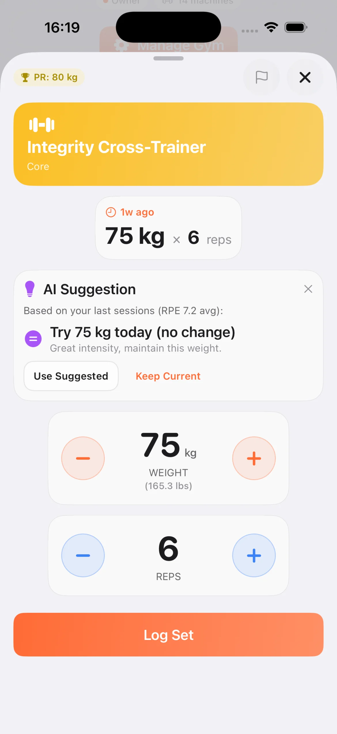 Log a Workout Set Workout logging screen with machine name, PR badge, last workout, AI weight suggestion based on RPE, weight and reps selectors, and log set button